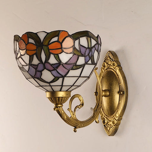 Traditional Tiffany Semicircle Lotus Iron Glass 1-Light Wall Sconce Lamp For Bedroom