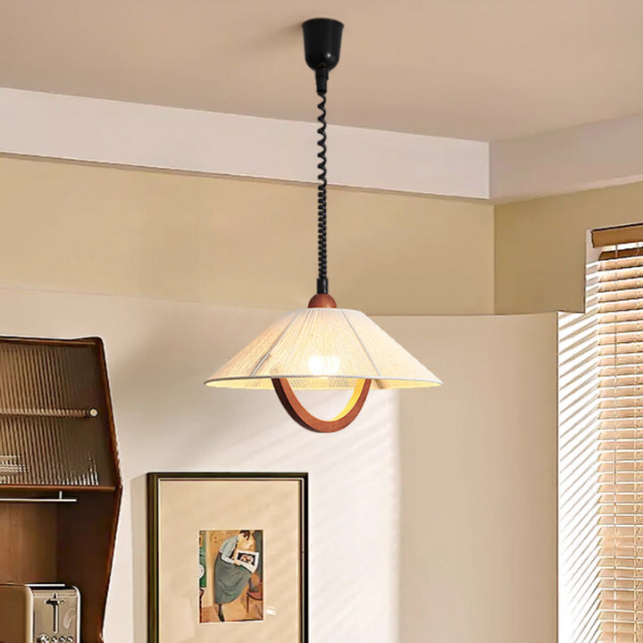 Traditional Vintage Round Table Curved Line Liftable Wooden Fabric 1-Light Pendant Light For Living Room
