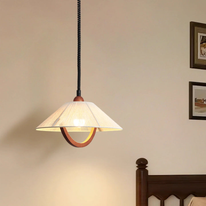Traditional Vintage Round Table Curved Line Liftable Wooden Fabric 1-Light Pendant Light For Living Room