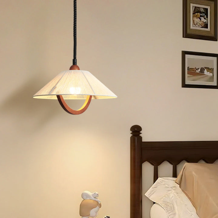 Traditional Vintage Round Table Curved Line Liftable Wooden Fabric 1-Light Pendant Light For Living Room