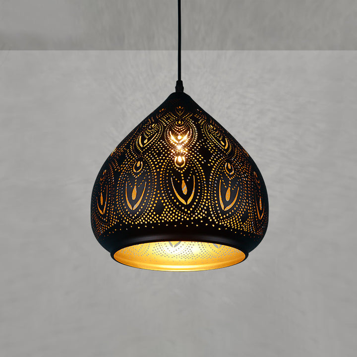 Lámpara colgante de 1 luz con diseño hueco ovalado vintage tradicional de hierro para sala de estar 