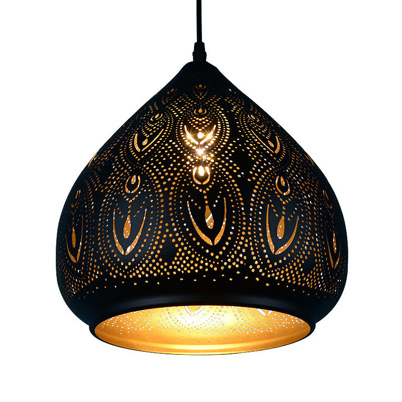 Lámpara colgante de 1 luz con diseño hueco ovalado vintage tradicional de hierro para sala de estar 