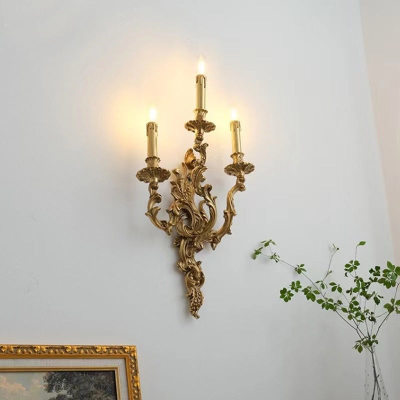 Lámpara de Aplique de Rama Francesa Tradicional Tallada en Cobre con 2/3 Luces para Dormitorio 