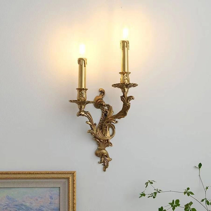 Lámpara de Aplique de Rama Francesa Tradicional Tallada en Cobre con 2/3 Luces para Dormitorio 