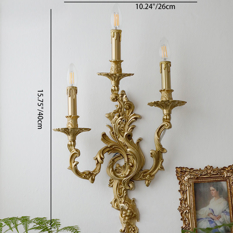 Lámpara de Aplique de Rama Francesa Tradicional Tallada en Cobre con 2/3 Luces para Dormitorio 