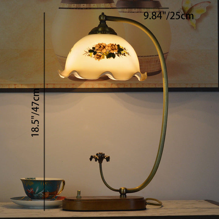 Lampe de table traditionnelle chinoise à base ovale en cuivre, bois et verre à 1 lumière pour chambre 