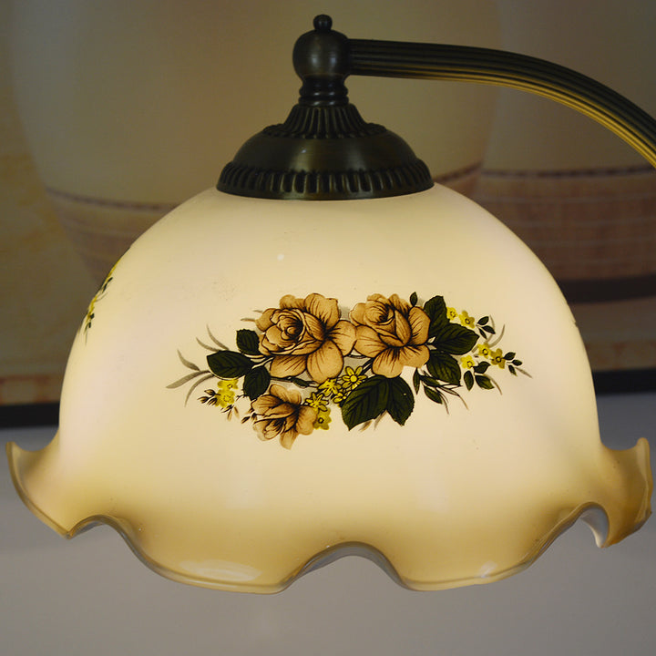 Lampe de table traditionnelle chinoise à base ovale en cuivre, bois et verre à 1 lumière pour chambre 