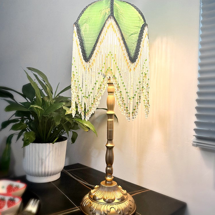 Traditional Vintage Half Round Tassel Bamboo Leaf Pattern Iron Fabric 1-Light Table Lamp For Bedroom