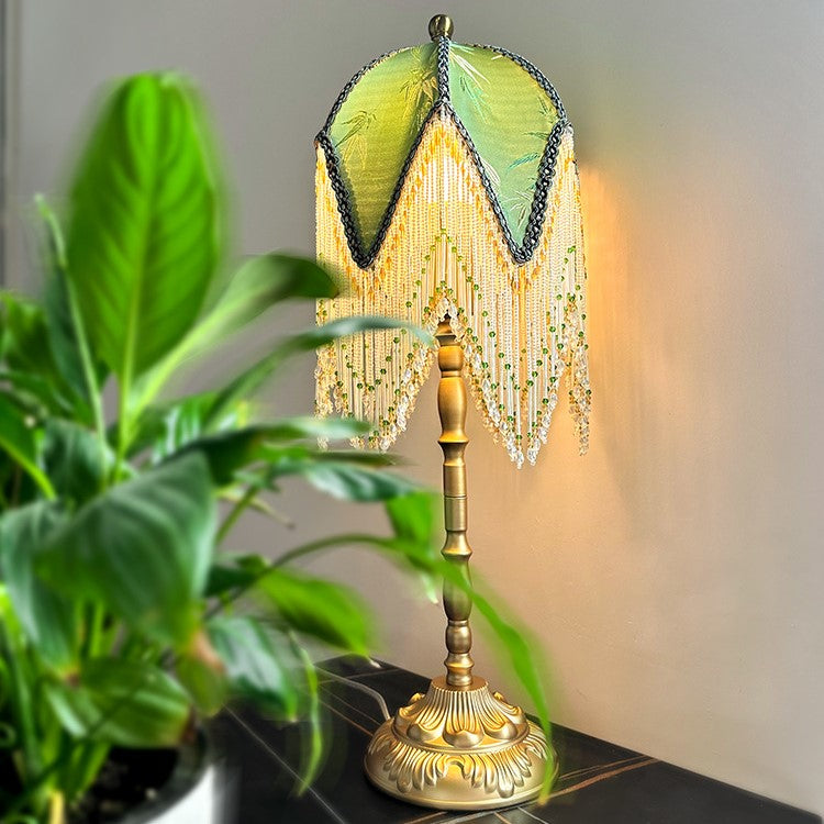 Traditional Vintage Half Round Tassel Bamboo Leaf Pattern Iron Fabric 1-Light Table Lamp For Bedroom