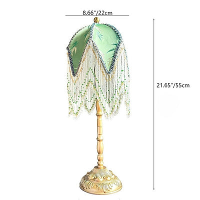 Traditional Vintage Half Round Tassel Bamboo Leaf Pattern Iron Fabric 1-Light Table Lamp For Bedroom