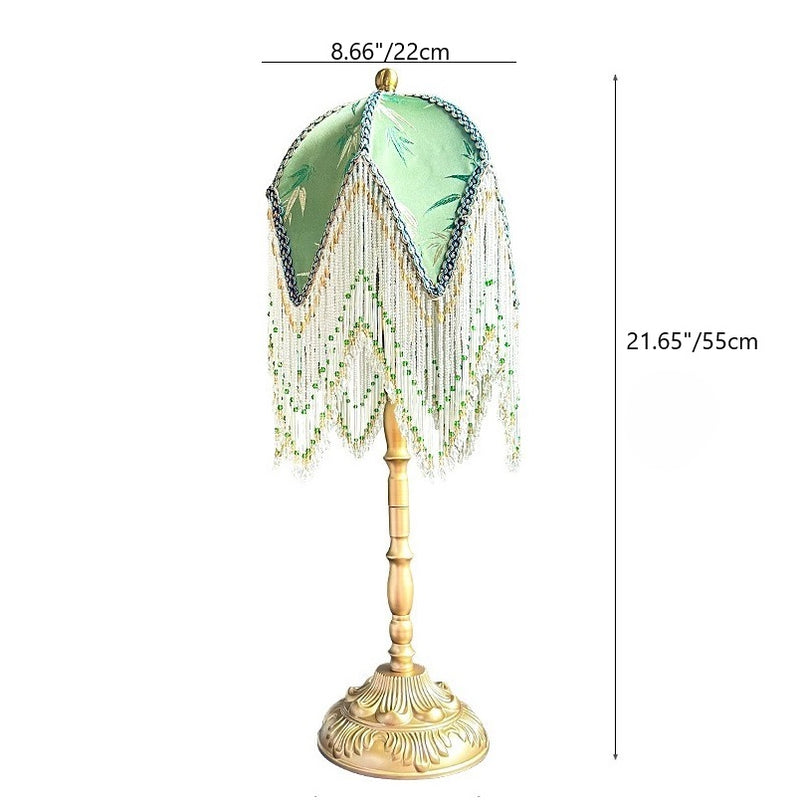 Traditional Vintage Half Round Tassel Bamboo Leaf Pattern Iron Fabric 1-Light Table Lamp For Bedroom