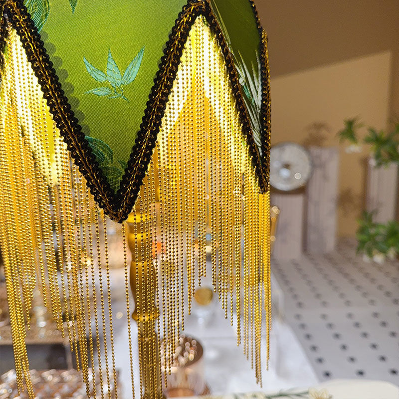 Traditional Vintage Half Round Tassel Bamboo Leaf Pattern Iron Fabric 1-Light Table Lamp For Bedroom