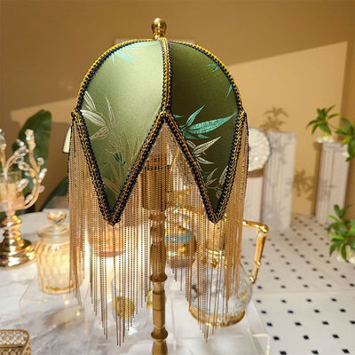 Traditional Vintage Half Round Tassel Bamboo Leaf Pattern Iron Fabric 1-Light Table Lamp For Bedroom