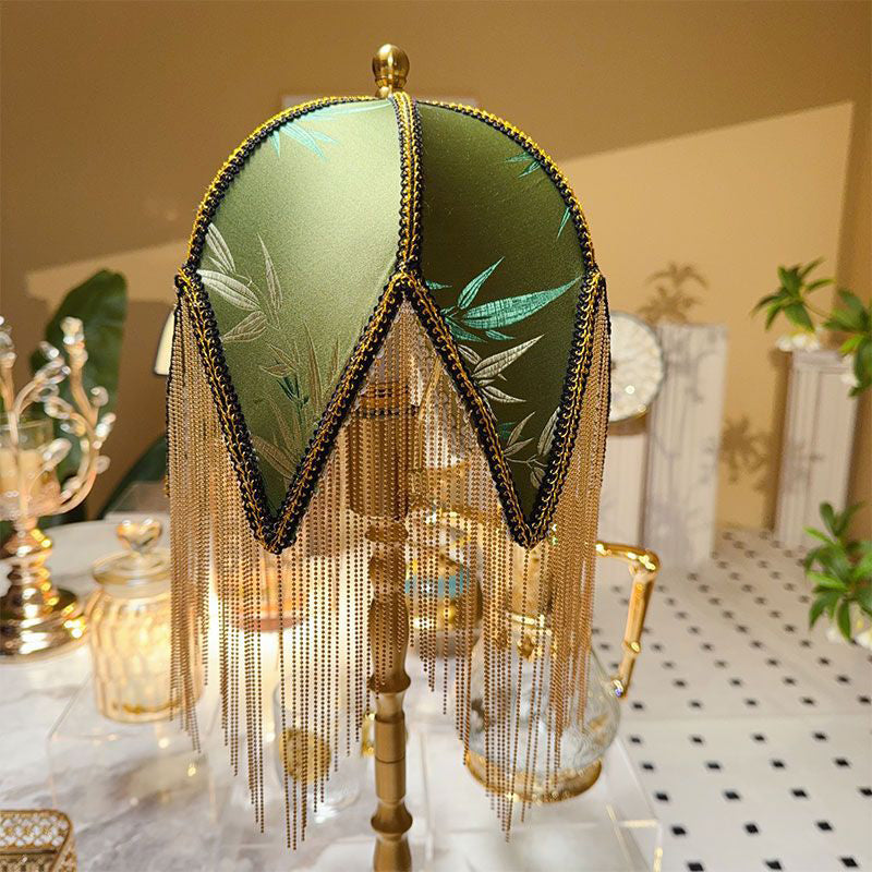 Traditional Vintage Half Round Tassel Bamboo Leaf Pattern Iron Fabric 1-Light Table Lamp For Bedroom