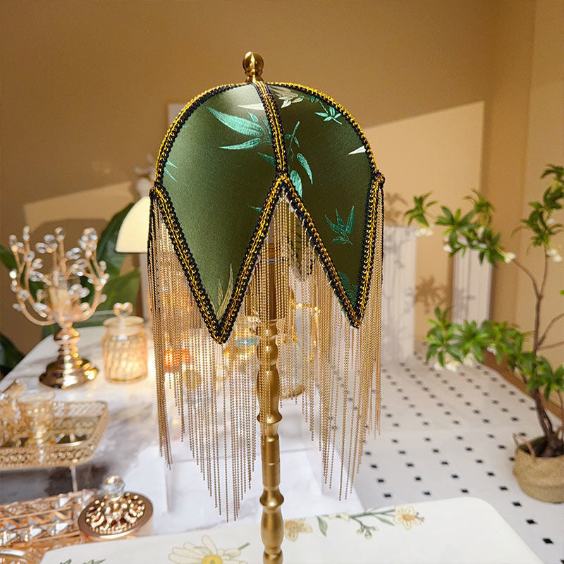 Traditional Vintage Half Round Tassel Bamboo Leaf Pattern Iron Fabric 1-Light Table Lamp For Bedroom