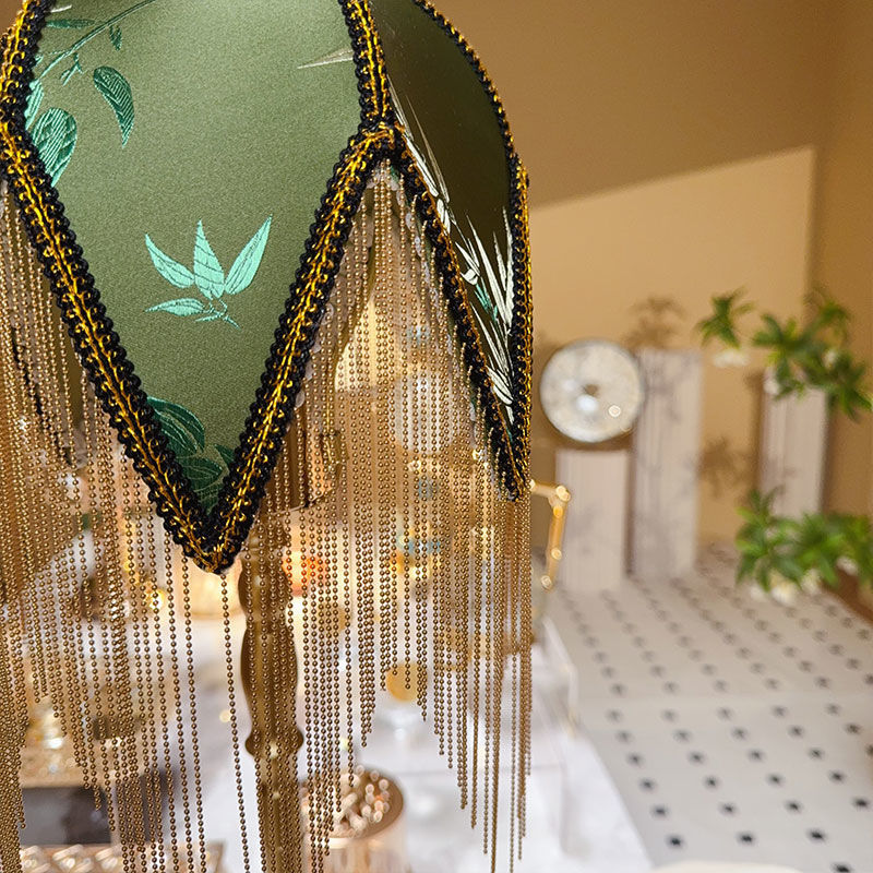 Traditional Vintage Half Round Tassel Bamboo Leaf Pattern Iron Fabric 1-Light Table Lamp For Bedroom