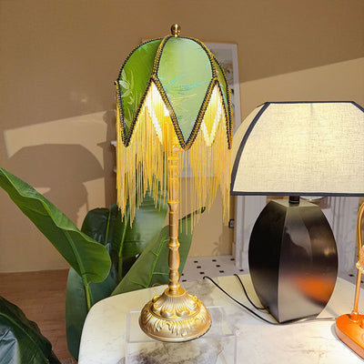 Traditional Vintage Half Round Tassel Bamboo Leaf Pattern Iron Fabric 1-Light Table Lamp For Bedroom