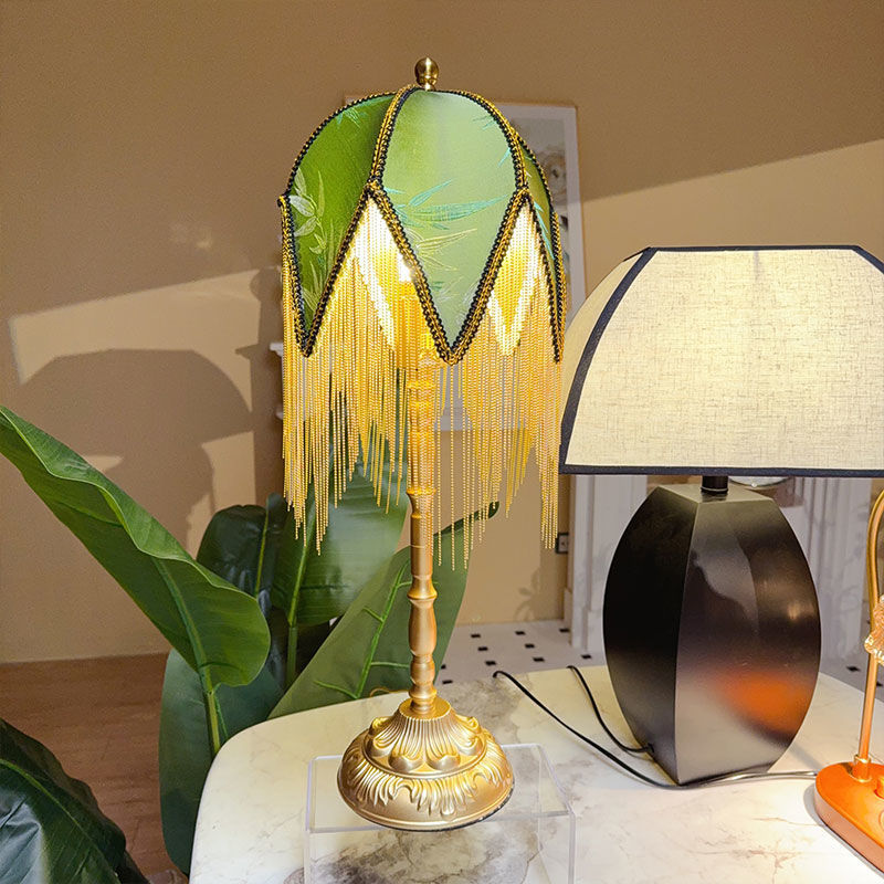 Traditional Vintage Half Round Tassel Bamboo Leaf Pattern Iron Fabric 1-Light Table Lamp For Bedroom