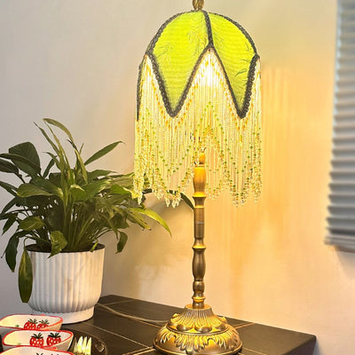Traditional Vintage Half Round Tassel Bamboo Leaf Pattern Iron Fabric 1-Light Table Lamp For Bedroom