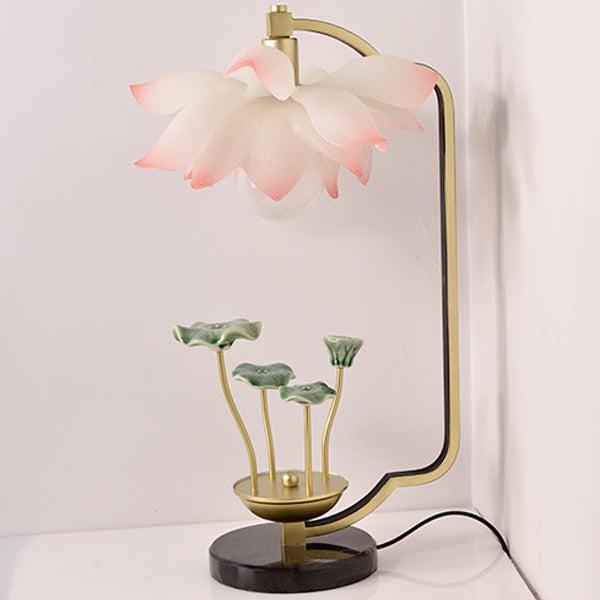 Traditionelle chinesische Lotusblatt-Rundharz-Eisen-Keramik 1-Licht Tischlampe für das Schlafzimmer 