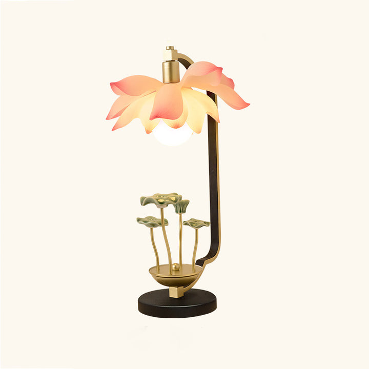 Traditionelle chinesische Lotusblatt-Rundharz-Eisen-Keramik 1-Licht Tischlampe für das Schlafzimmer 