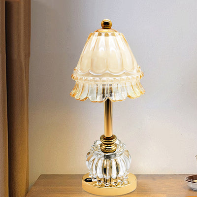 Traditional Vintage Flower Disc Base Rechargeable Iron Glass LED Table Lamp For Bedroom
