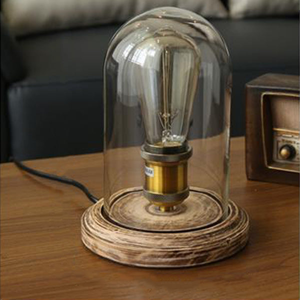 Traditional Vintage Oval Cylinder Round Wood Glass 1-Light Table Lamp For Bedroom