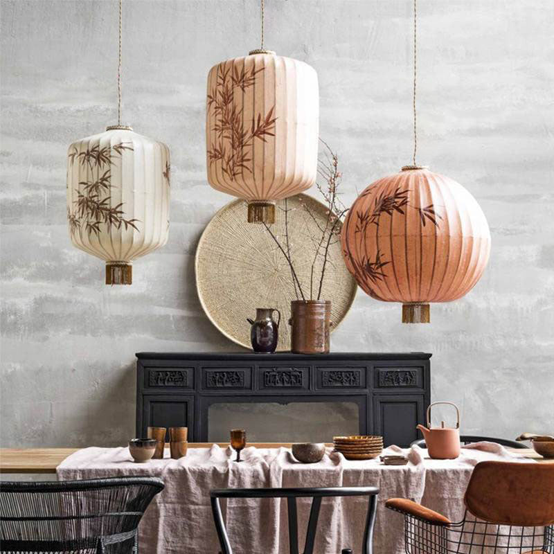 Traditionelle chinesische Bambusmuster Stoff Laterne Schatten 1-Licht Pendelleuchte für Esszimmer 
