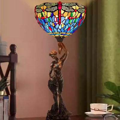 مصباح طاولة بضوء واحد بقاعدة من الراتنج بتصميم زجاج ملون تقليدي من تيفاني بتصميم اليعسوب للإلهة للمكتب المنزلي 