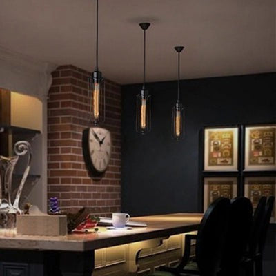 Suspension Luminaire Contemporain Rétro Cylindrique en Verre et Fer à 1 Lumière pour Salle à Manger 