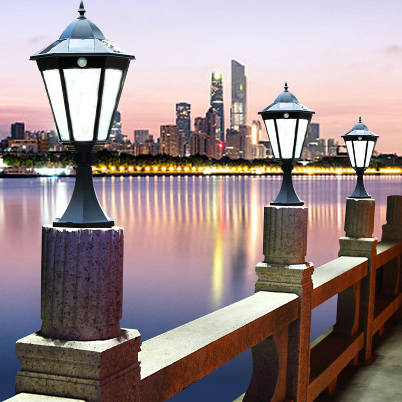 Contemporary Industrial Hexagonal Aluminum Glass Human Sensing LED Solar Outdoor Post Light For Garden