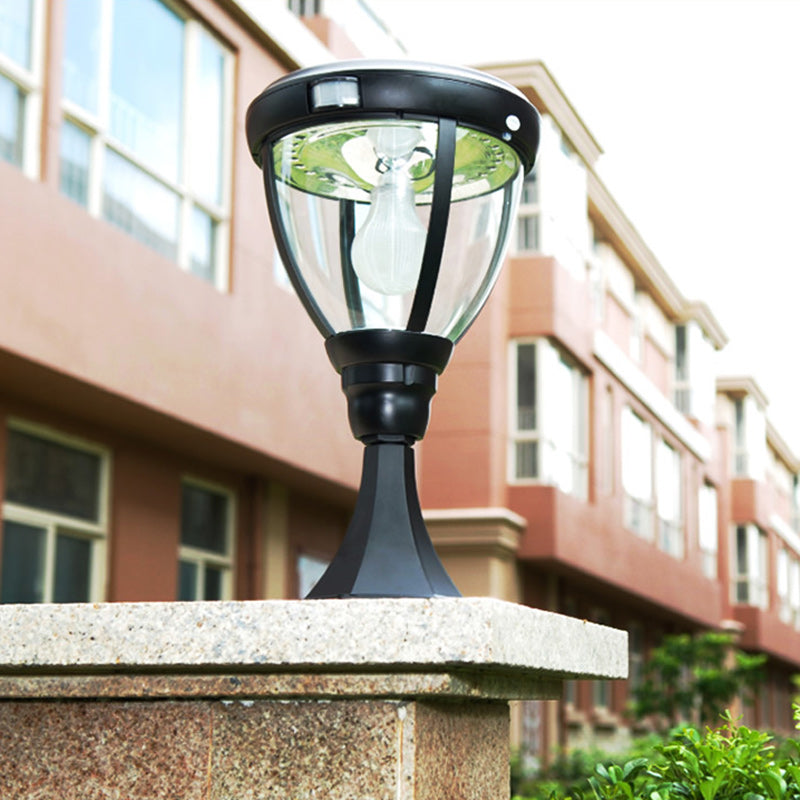 Contemporary Industrial Hexagonal Aluminum Glass Human Sensing LED Solar Outdoor Post Light For Garden