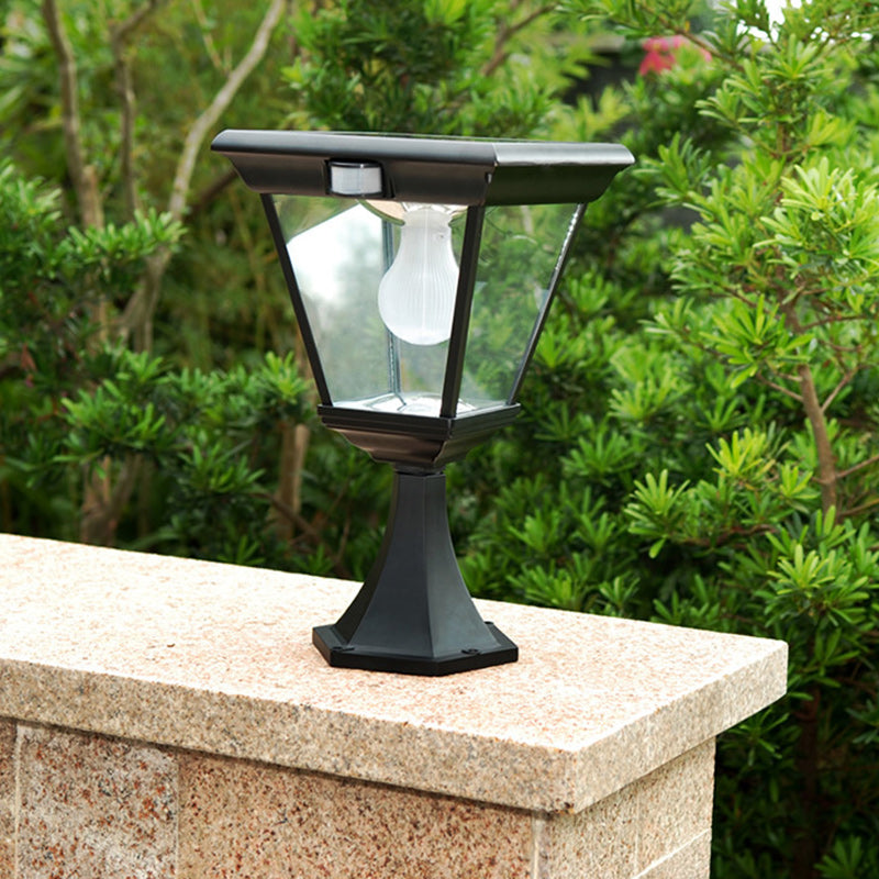 Contemporary Industrial Hexagonal Aluminum Glass Human Sensing LED Solar Outdoor Post Light For Garden
