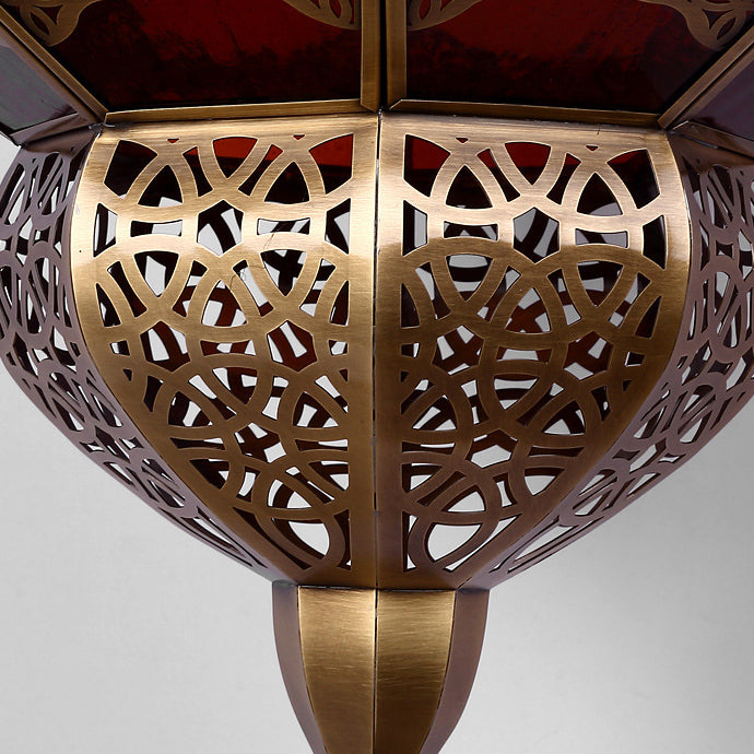 Modern Art Deco Carved Brass Red Glass Shade 1-Light Wall Sconce Lamp For Entertainment Rooms