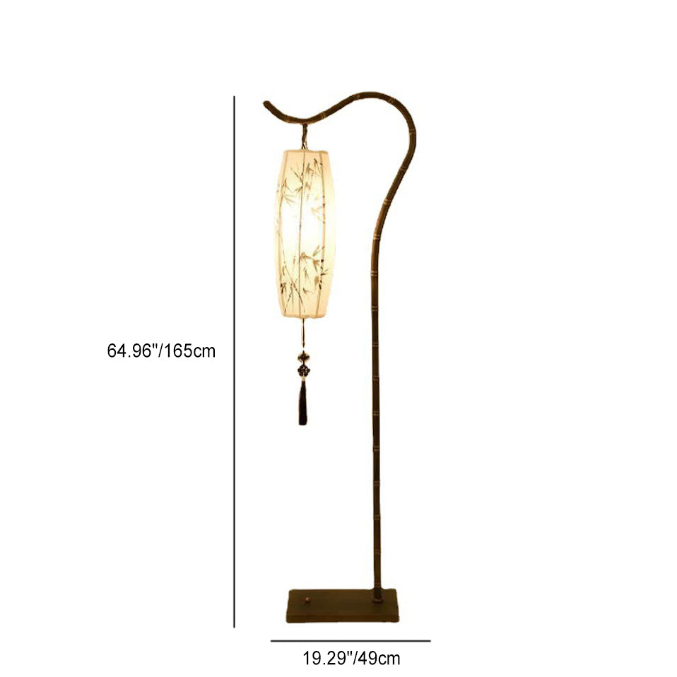 Traditionelle chinesische Zen-Stehlampe mit Bambusmalerei, Stoffbogen, Eisensockel, 1 Licht, für das Home Office 