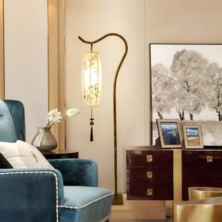 Traditionelle chinesische Zen-Stehlampe mit Bambusmalerei, Stoffbogen, Eisensockel, 1 Licht, für das Home Office 