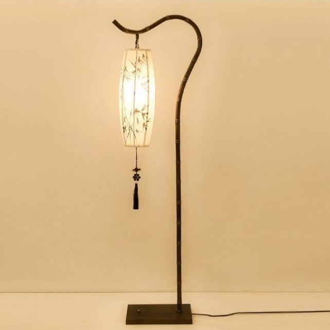 Traditionelle chinesische Zen-Stehlampe mit Bambusmalerei, Stoffbogen, Eisensockel, 1 Licht, für das Home Office 