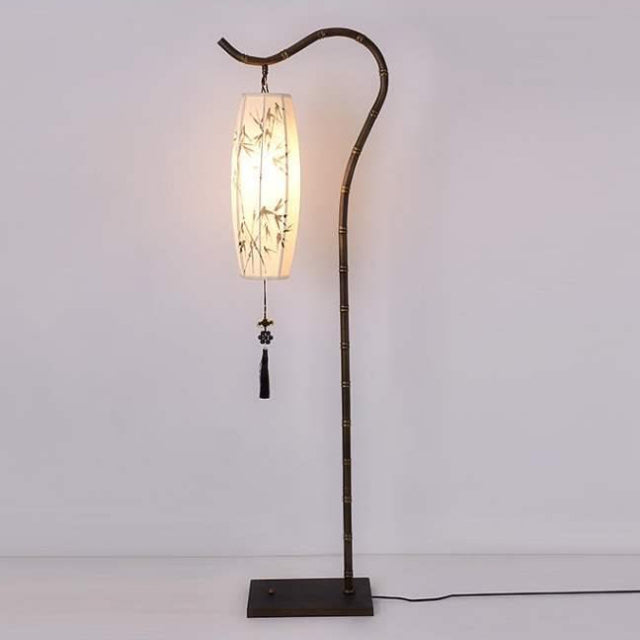 Traditionelle chinesische Zen-Stehlampe mit Bambusmalerei, Stoffbogen, Eisensockel, 1 Licht, für das Home Office 