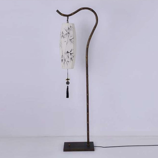 Traditionelle chinesische Zen-Stehlampe mit Bambusmalerei, Stoffbogen, Eisensockel, 1 Licht, für das Home Office 