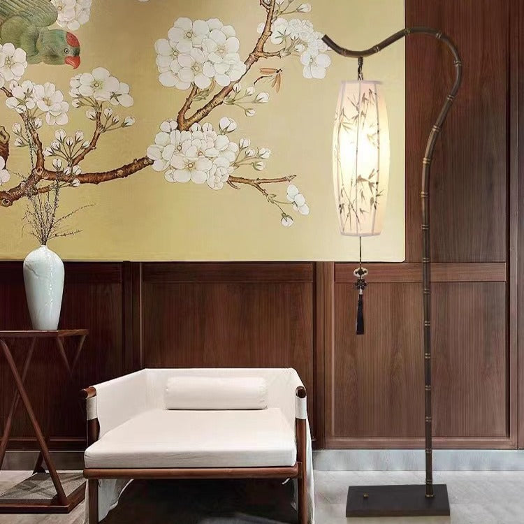Traditionelle chinesische Zen-Stehlampe mit Bambusmalerei, Stoffbogen, Eisensockel, 1 Licht, für das Home Office 