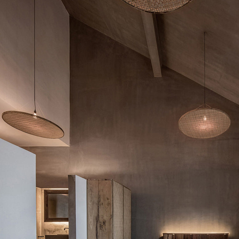 Suspension lumineuse ronde en rotin rustique traditionnel à 1 lumière pour salle à manger 