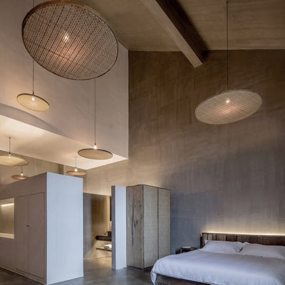 Suspension lumineuse ronde en rotin rustique traditionnel à 1 lumière pour salle à manger 