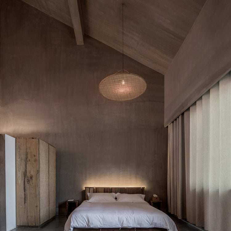 Suspension lumineuse ronde en rotin rustique traditionnel à 1 lumière pour salle à manger 