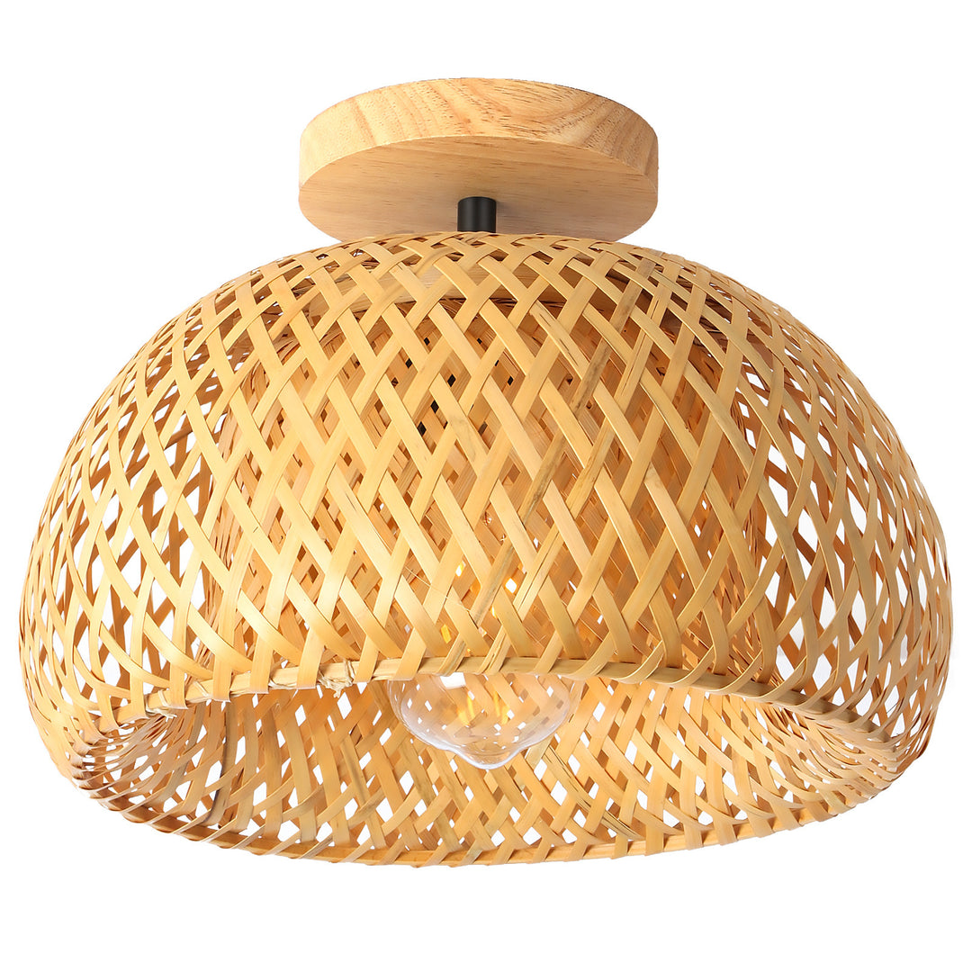 Plafonnier semi-encastré à 1 lumière en tissage de bambou semi-circulaire de style ferme traditionnelle pour salon 