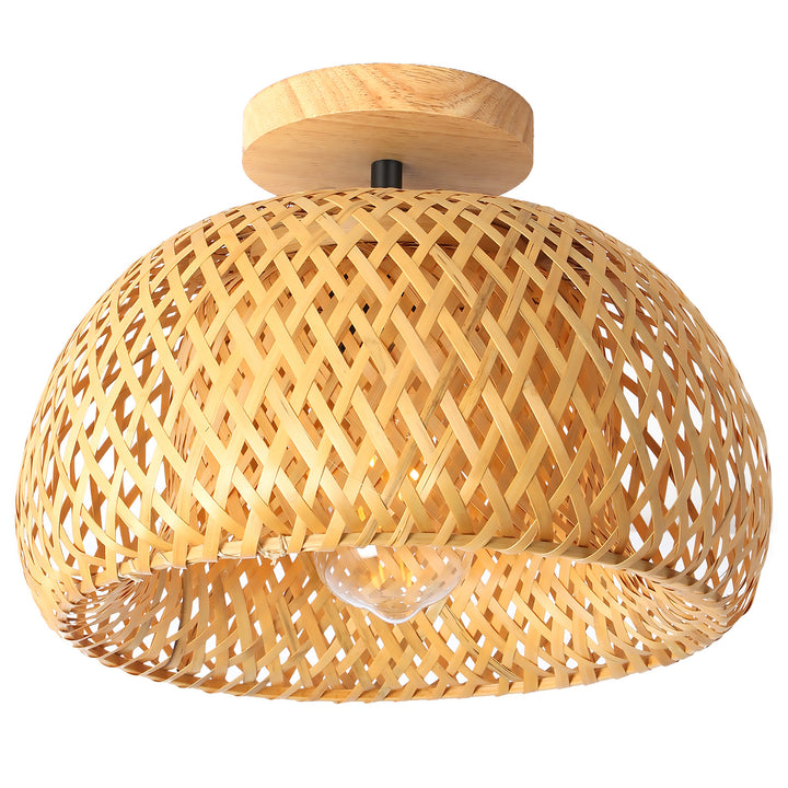 Plafonnier semi-encastré à 1 lumière en tissage de bambou semi-circulaire de style ferme traditionnelle pour salon 