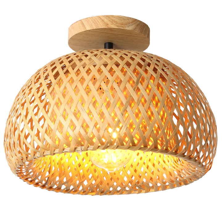 Plafonnier semi-encastré à 1 lumière en tissage de bambou semi-circulaire de style ferme traditionnelle pour salon 