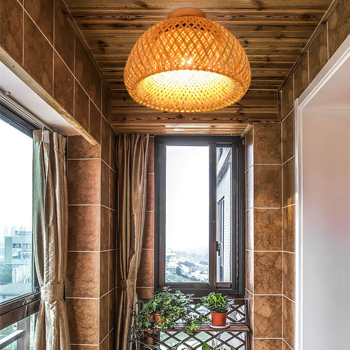Plafonnier semi-encastré à 1 lumière en tissage de bambou semi-circulaire de style ferme traditionnelle pour salon 