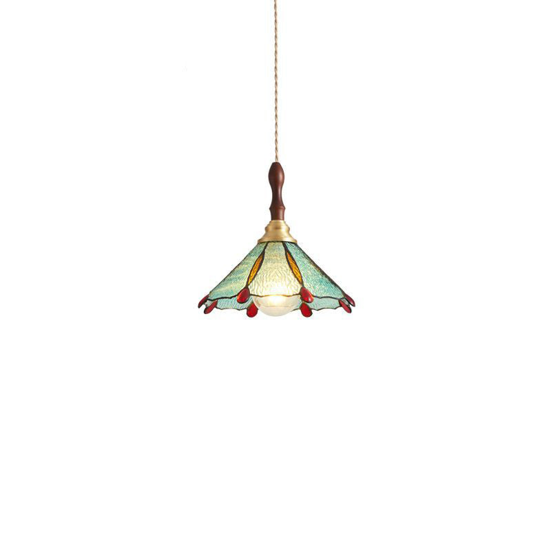 Abat-jour conique en vitrail traditionnel français 1 lumière pour suspension dans le salon 