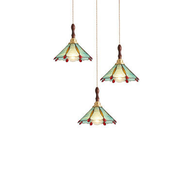 Abat-jour conique en vitrail traditionnel français 1 lumière pour suspension dans le salon 
