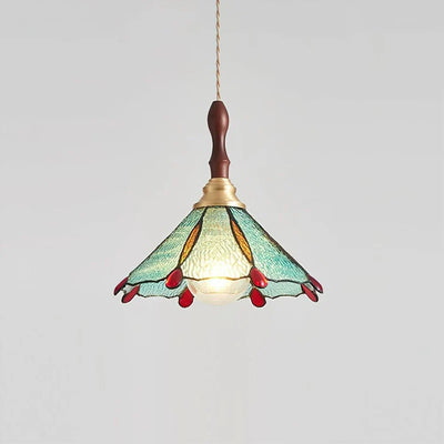 Abat-jour conique en vitrail traditionnel français 1 lumière pour suspension dans le salon 